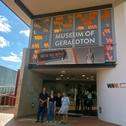 Prof Martijn Manders (Cultural Heritage Agency of the Netherlands/ Leiden) University, Corioli Souter (Head, Maritime Heritage WAM) Robin Jonkers and Danielle Vlasbloom (Leiden University) working with Traditional owners and other community members at the Museum of Geraldton, May 2024 