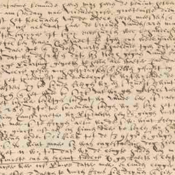 Close-up of an aged handwritten historical manuscript with faded ink, dense cursive text, and visible wear on parchment.
