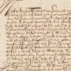 Close-up of an aged handwritten historical manuscript with faded ink, dense cursive text, and visible wear on parchment.