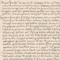 Close-up of an aged handwritten historical manuscript with faded ink, dense cursive text, and visible wear on parchment.