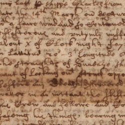 Close-up of an aged handwritten historical manuscript with faded ink, dense cursive text, and visible wear on parchment.