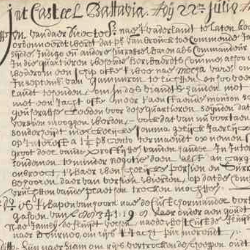 Close-up of an aged handwritten historical manuscript with faded ink, dense cursive text, and visible wear on parchment.