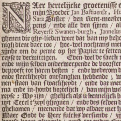 Close-up of an old printed document with dense blackletter text, decorative drop cap “N,” and tightly packed lines of early European script.