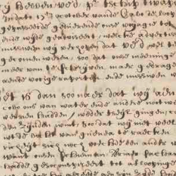 Close-up of an aged handwritten historical manuscript with faded ink, dense cursive text, and visible wear on parchment.