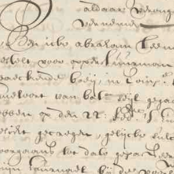 Close-up of an aged handwritten historical manuscript with faded ink, dense cursive text, and visible wear on parchment.