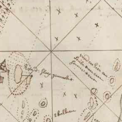 Segment of an old nautical map showing compass lines, small islands, and handwritten labels on aged paper.