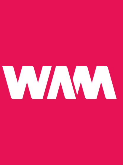 The letters WAM in white on a pink background