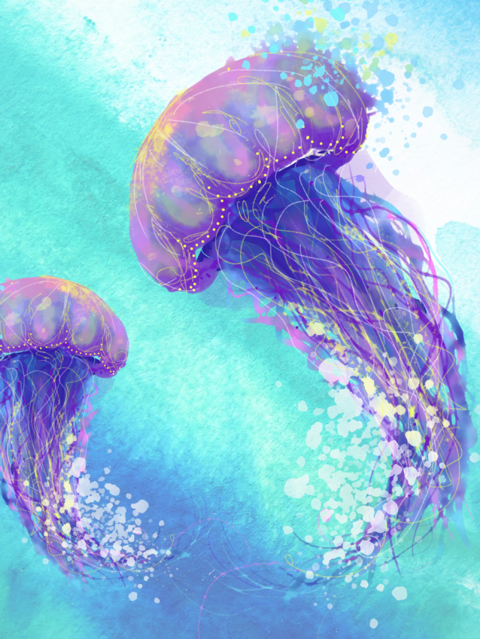 A stylised drawing of two sea jellies.