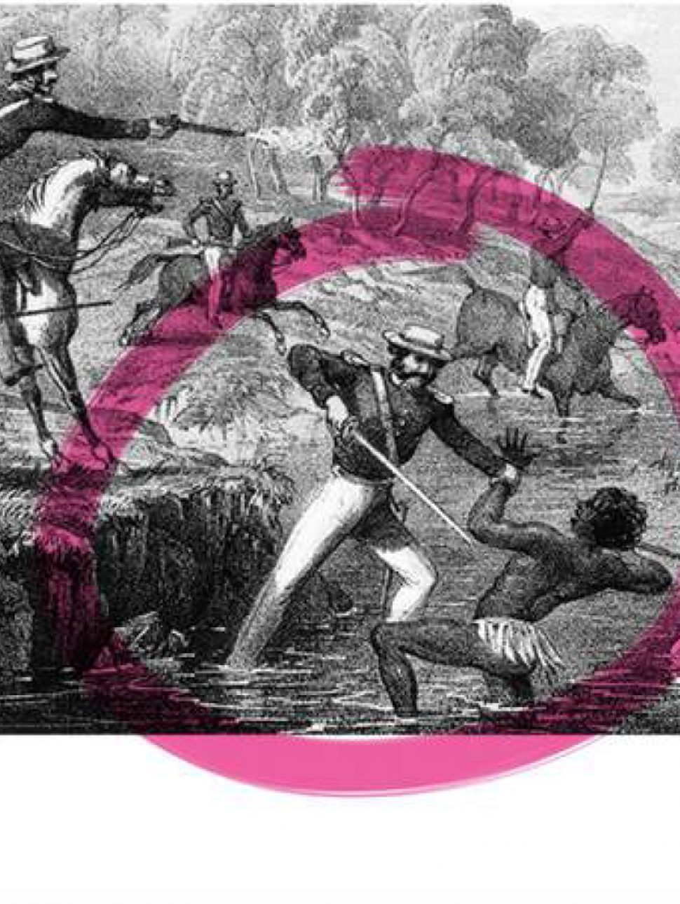 A black and white line drawing of armed mounted soldiers attacking an Aboriginal man in the foreground of the image