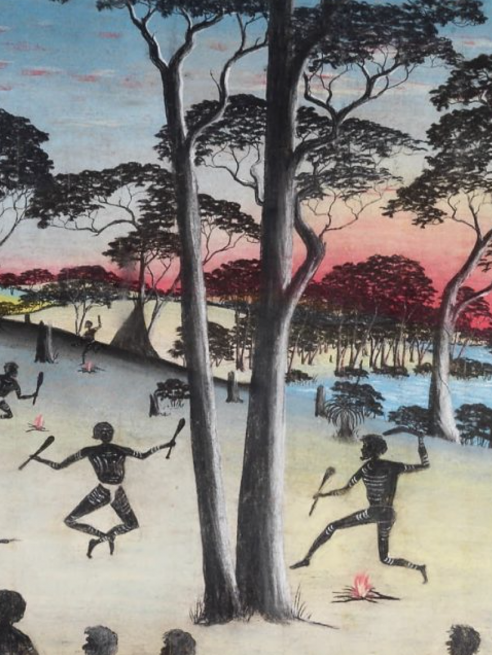 A stylised painting of Aboriginal people in a camp area with small campfires surrounded by trees and a river