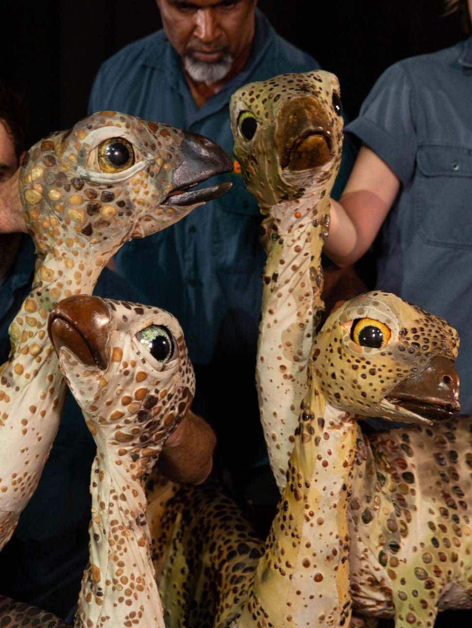 Puppeteers from Erth's Dinosaur Zoo pose with a group of dinosaur puppets