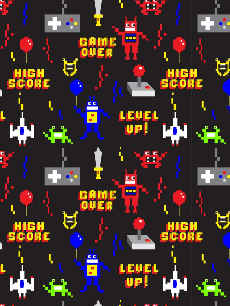 A repeating pattern of pixelated game characters and controllers