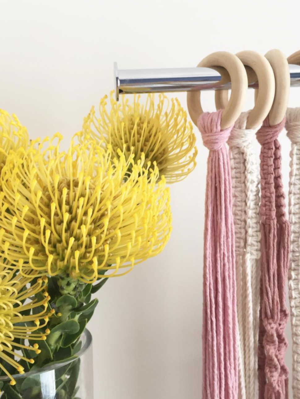 Macrame plant hanger next to flowers