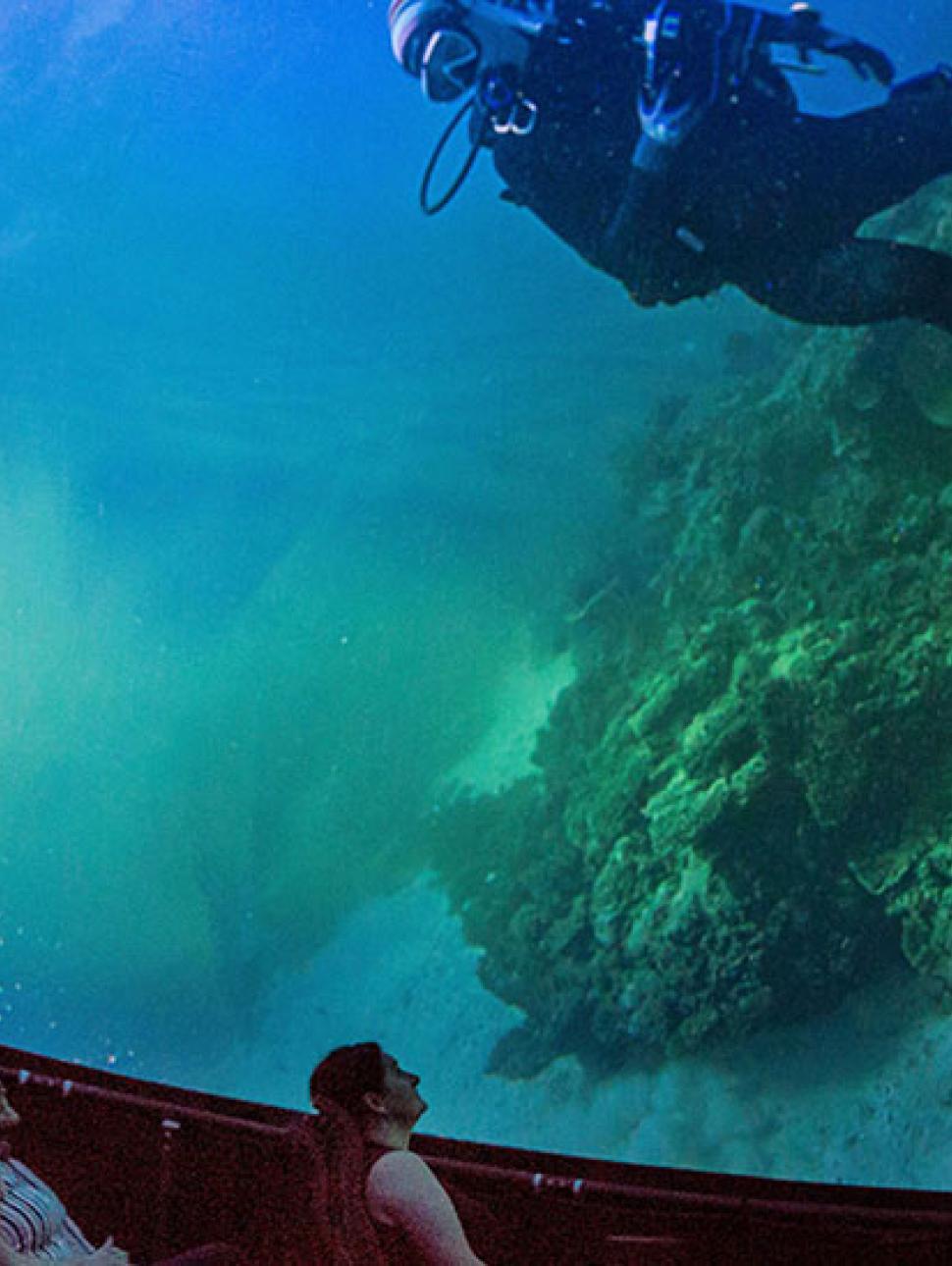 People watch a film of a scuba diver in a dome cinema