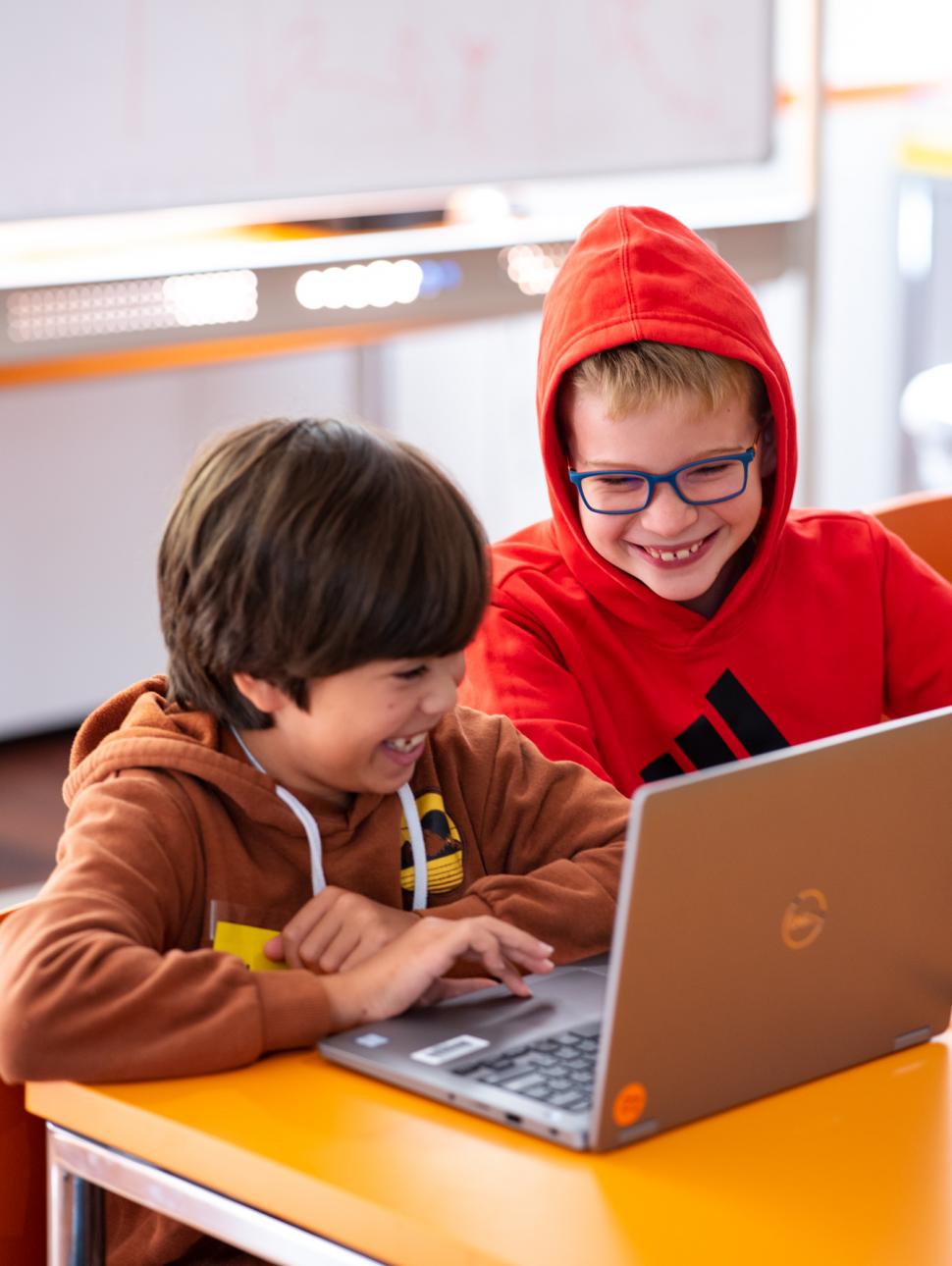 Two boys playing on a laptop