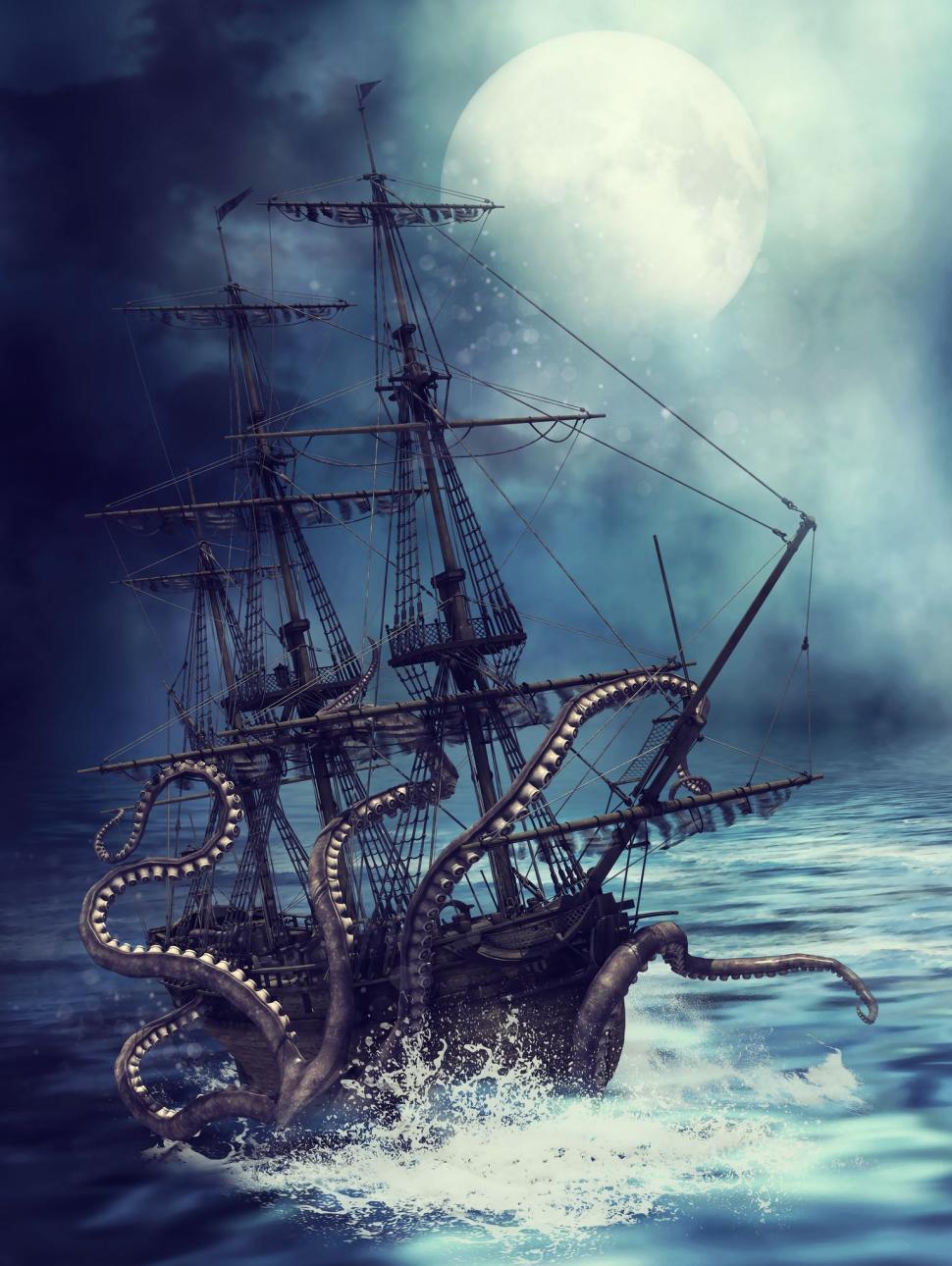 Painting of a ship being attacked by giant sea creature