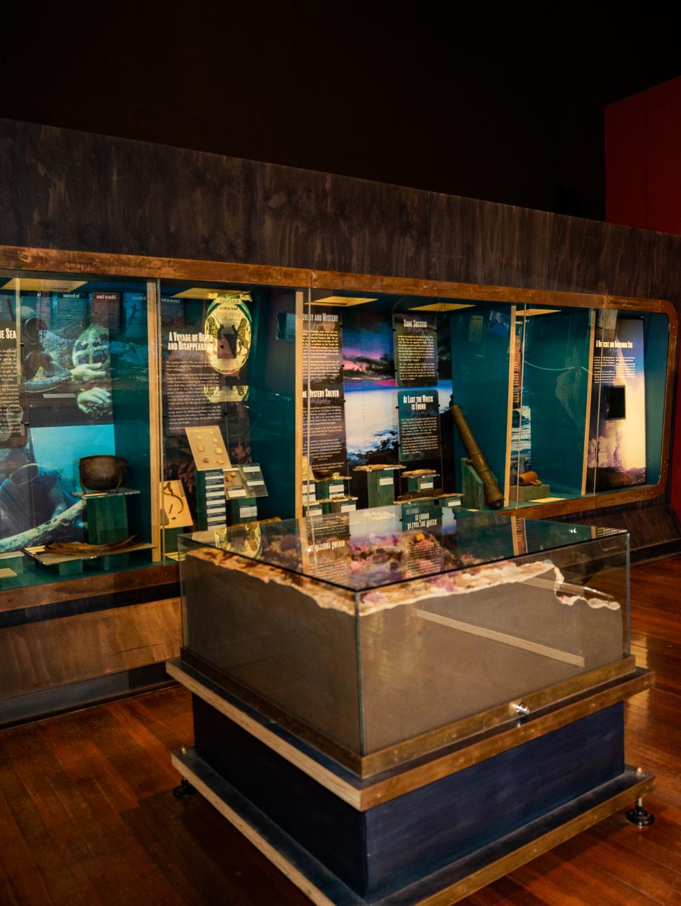 Objects on display in museum showcases