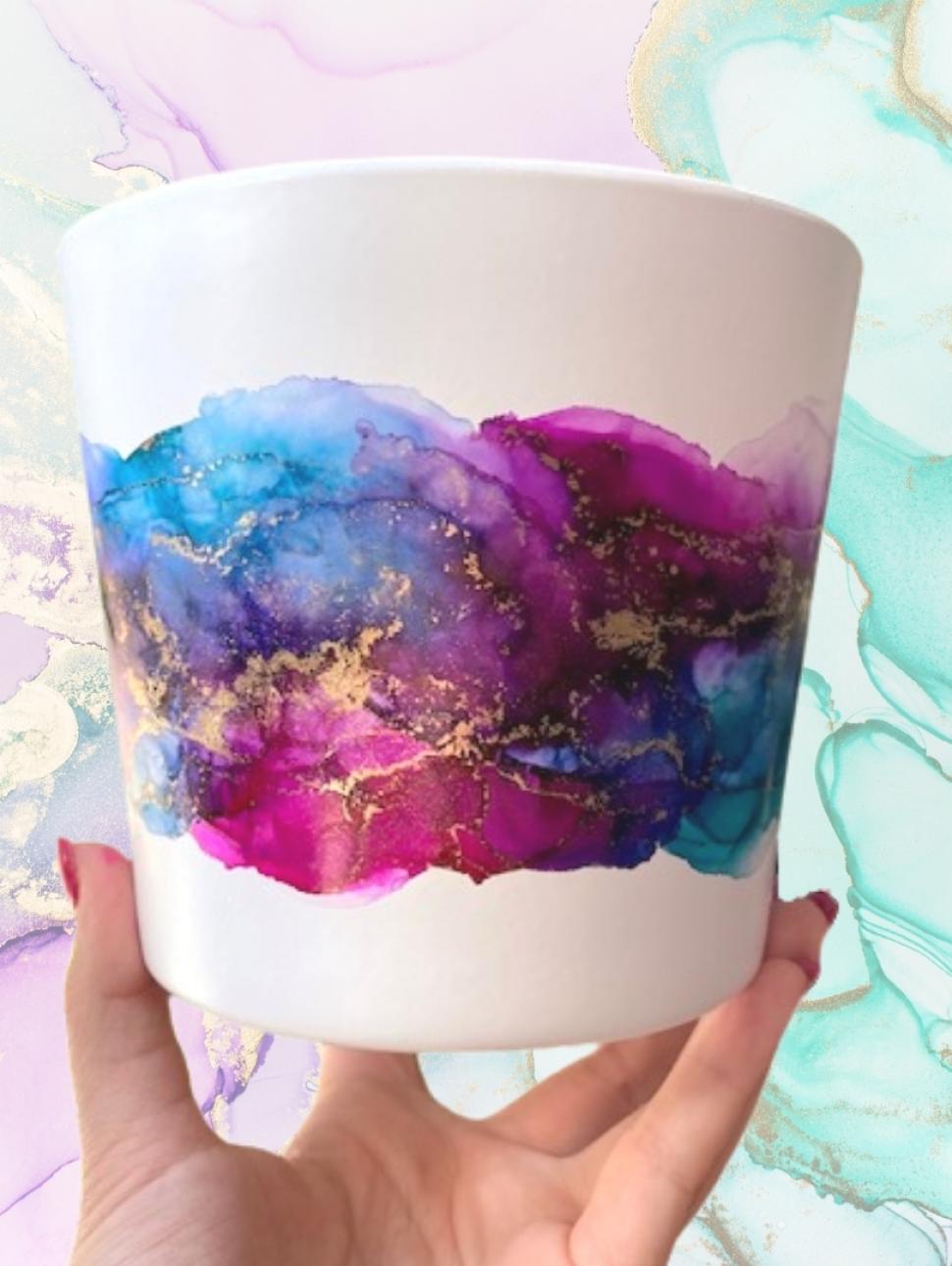 Image of a pot decorated with alcohol ink