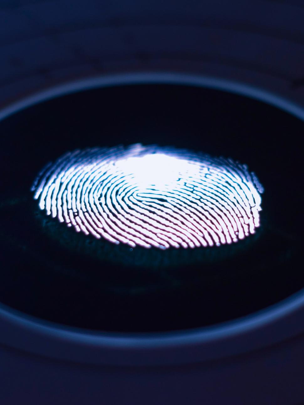 A close-up image of a glowing fingerprint under magnification