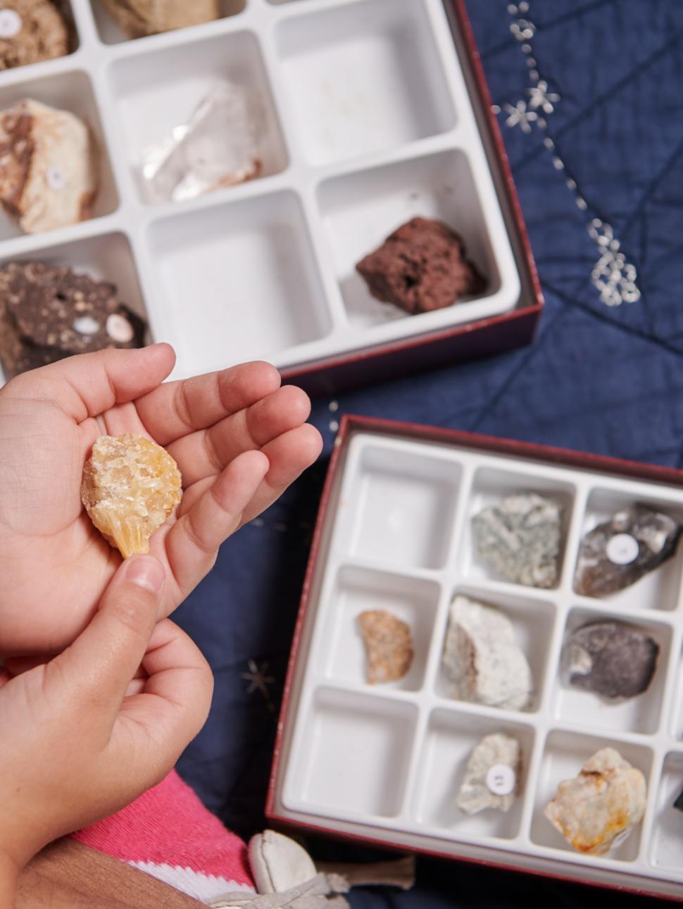 An image of a hand holding a rock with a series of rocks laid out behind 