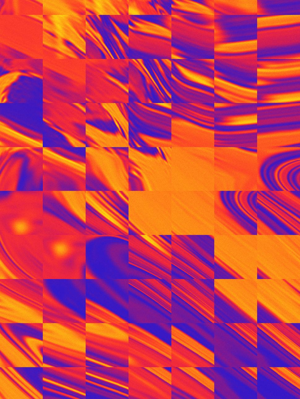 Colourful image of blue and orange gradients that has been cut into square tiles and rearranged. 