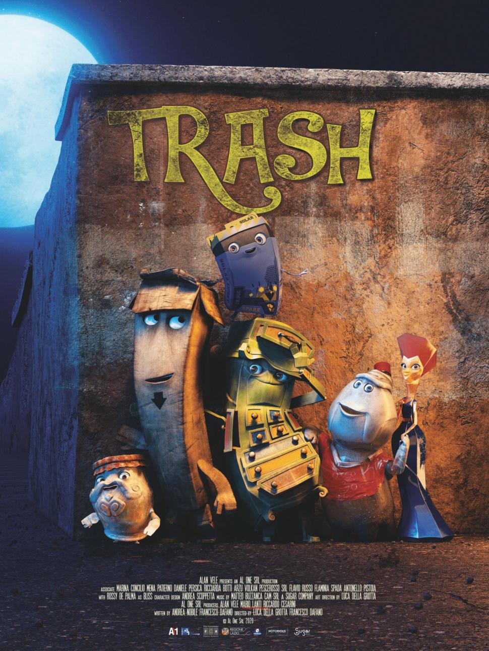 A poster for the 3D animated film Trash featuring the main characters standing in front of a wall in the moonlight