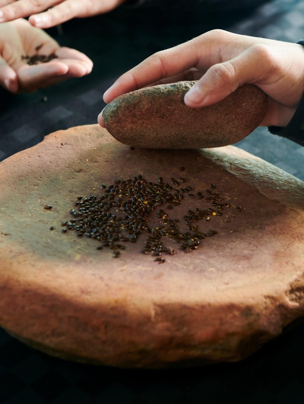 This image show some students using a grinding stone to grind seeds