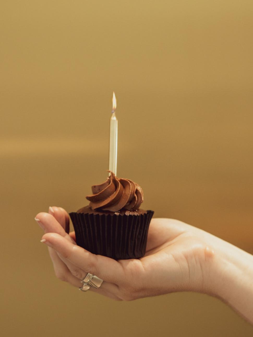 Hand holding a chocolate cupcake with a birthday candle