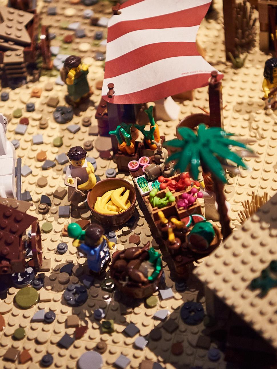 A tropical scene of a pirate ship made from lego