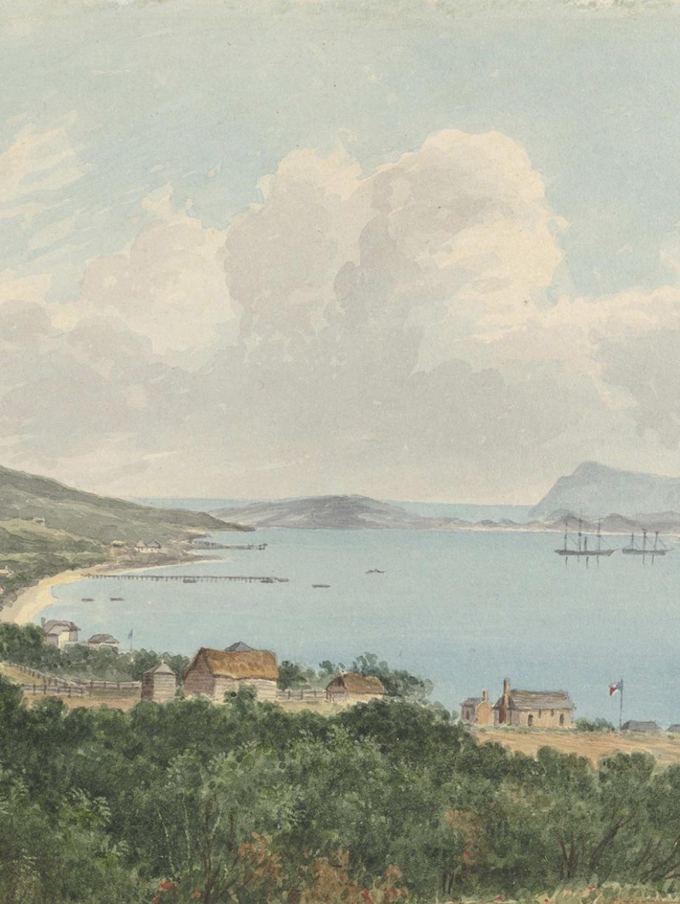 A watercolour landscape of green hills sloping down to a cove encircled with heritage houses