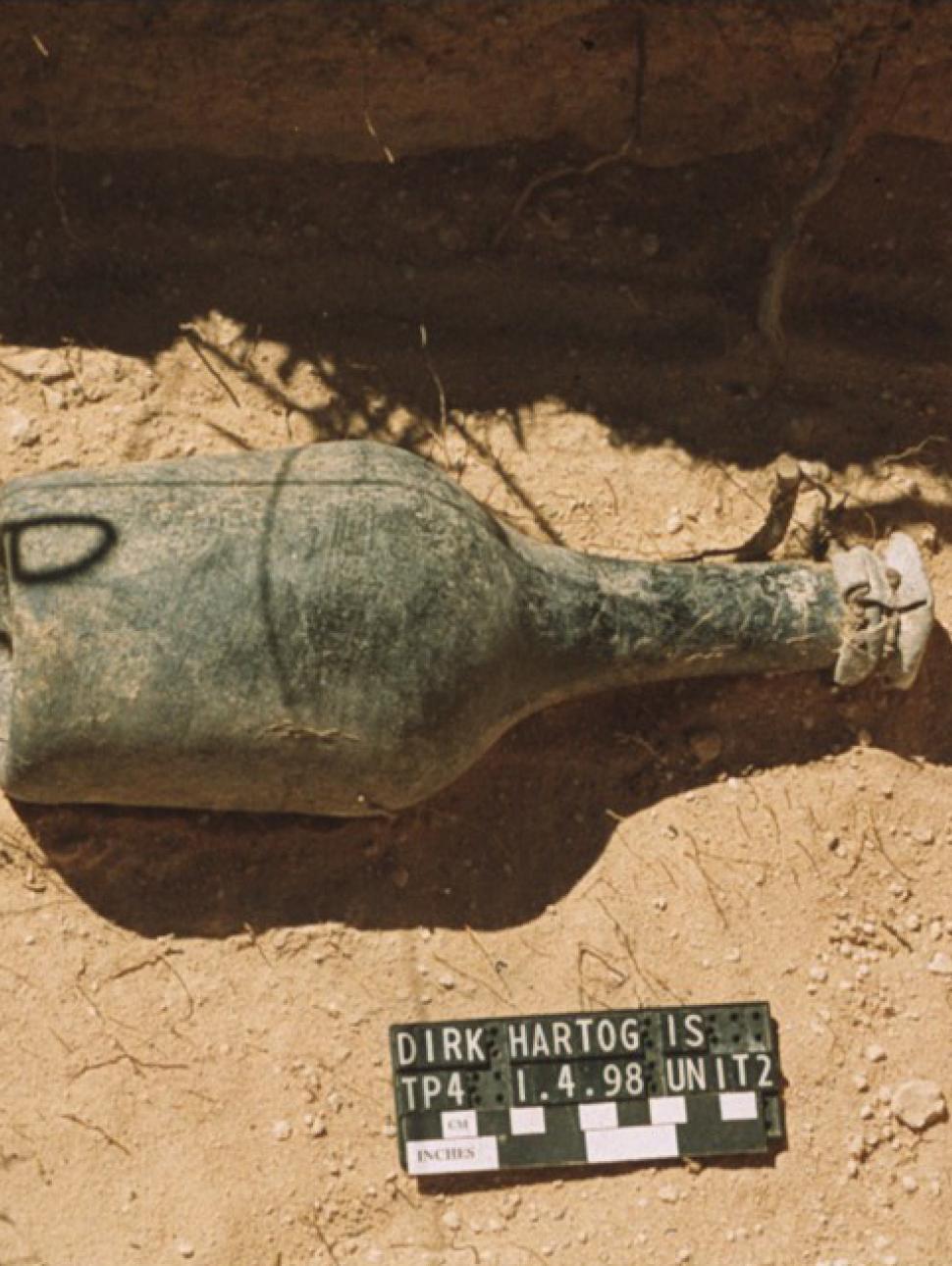 This is a photograph of an old French bottle found on Dirk Hartog Island