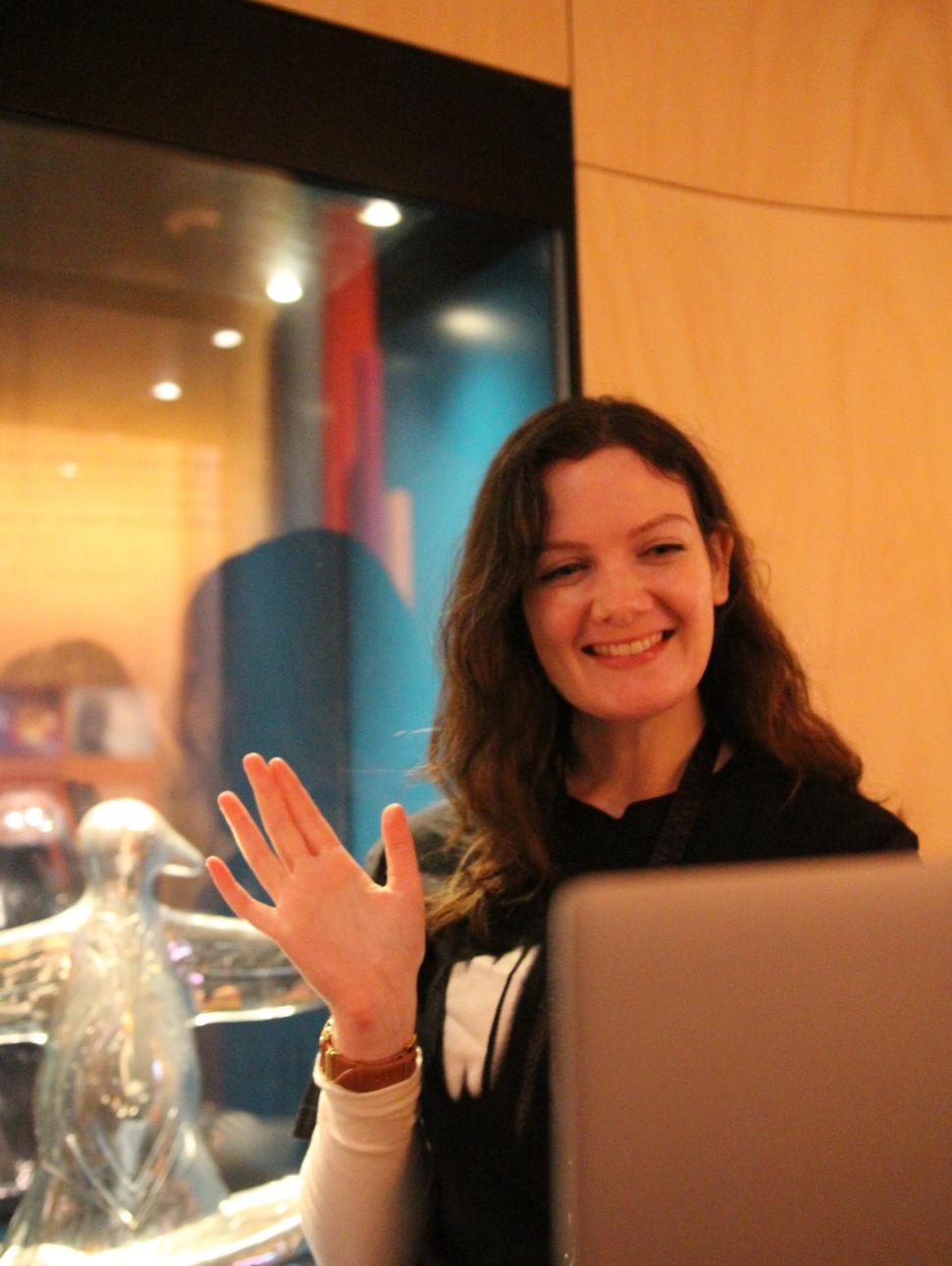 WA Museum team member talks virtually to a class on a laptop