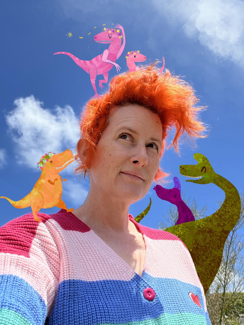 Image shows a head shot of artist Samantha Hughes surrounded by illustrations of dinosaura