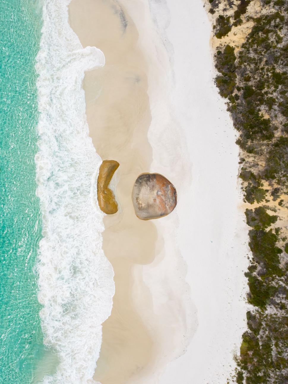 Overhead view of waves breaking on the rocks at Little Beach in Nanarup Western Australia