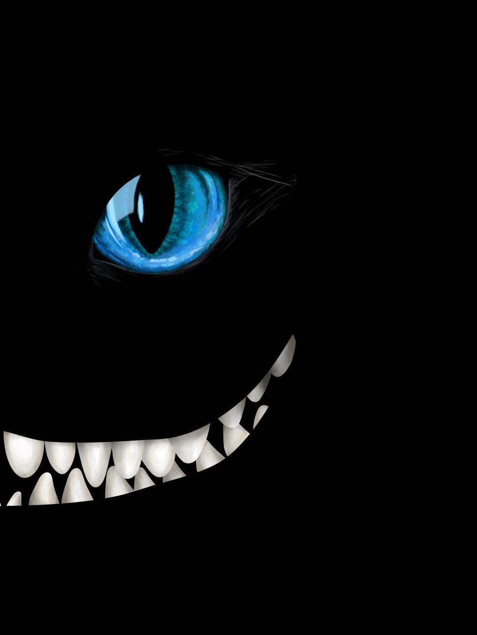 Cheshire cat smile on a black background with blue eyes