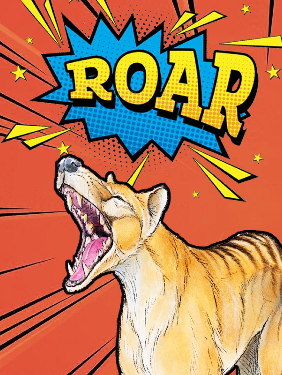 Graphic image of a dingo barking, with a roar word illustration in yellow and blue on a black and white polka-dot backdrop