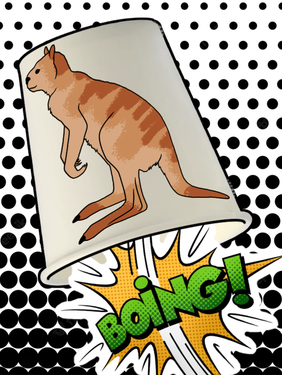 Graphic image of a kangaroo on a paper cup, with a boing word illustration in yellow and green on a black and white polka-dot backdrop