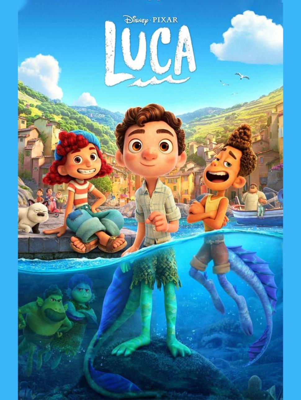 Animated movie poster of a young boy in water. bottom half in water is a fish tail. The boy has two other children either side. One is also part in water with a fish tail