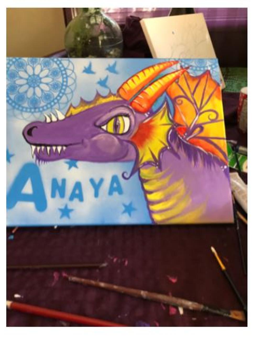 Painting of a colourful dragon on a canvas