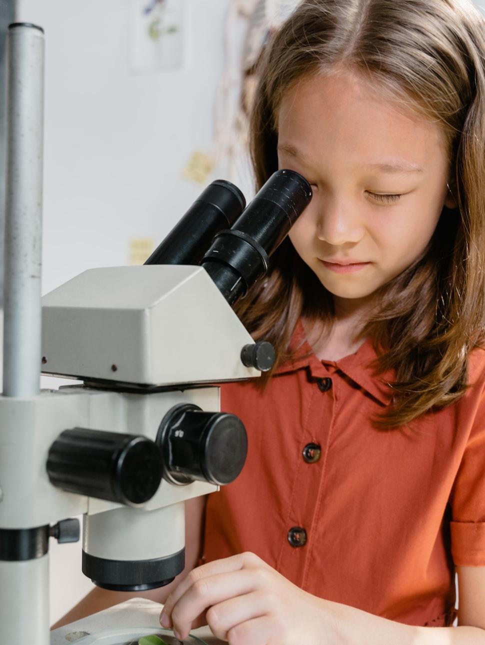 young child looking at a plant through a microscope