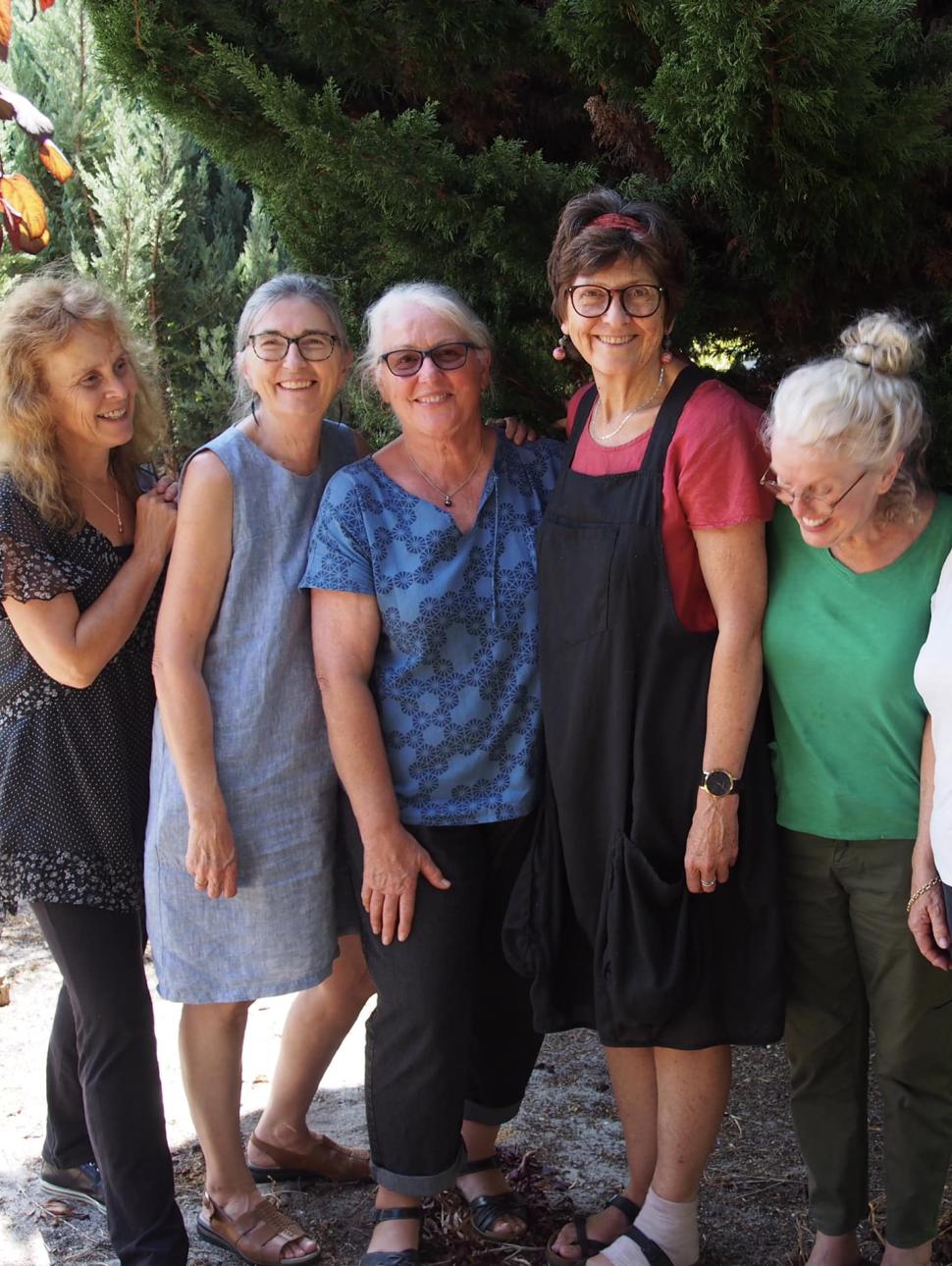 Seven mature women wearing casual clothing, standing in a line to take picture.
