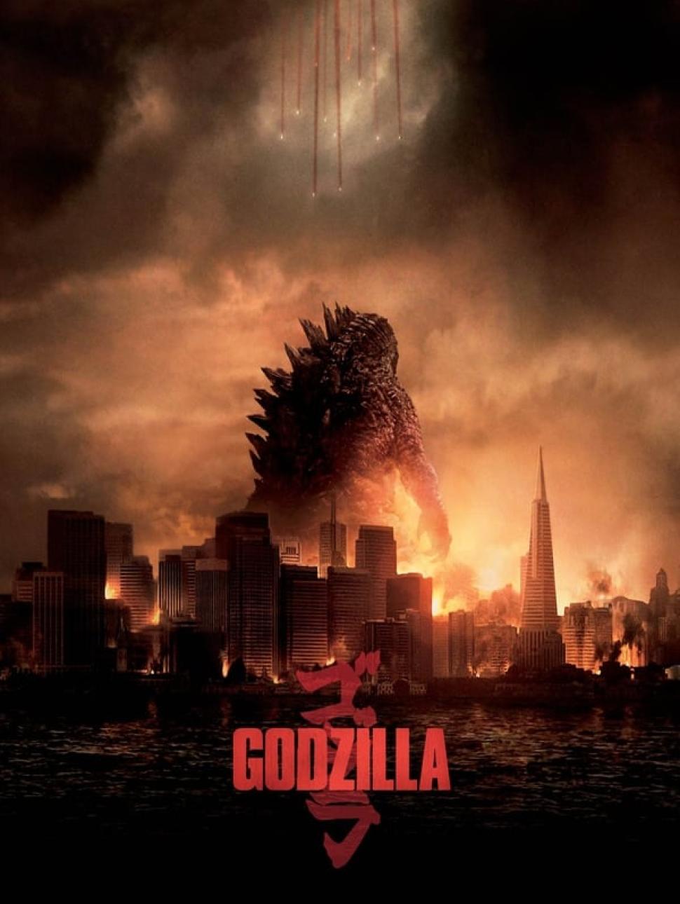 demolished city is lit up in orange burning flames with a silhouette of large creature