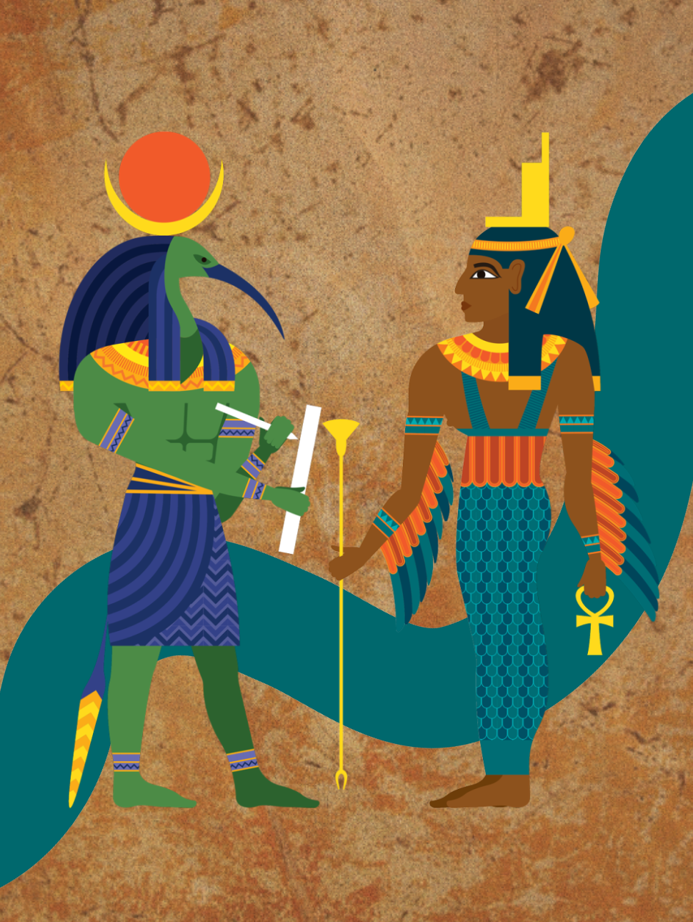 An illustration of two Egypt Gods facing one another, with a green line running through behind the image with a orange texture tone background. 