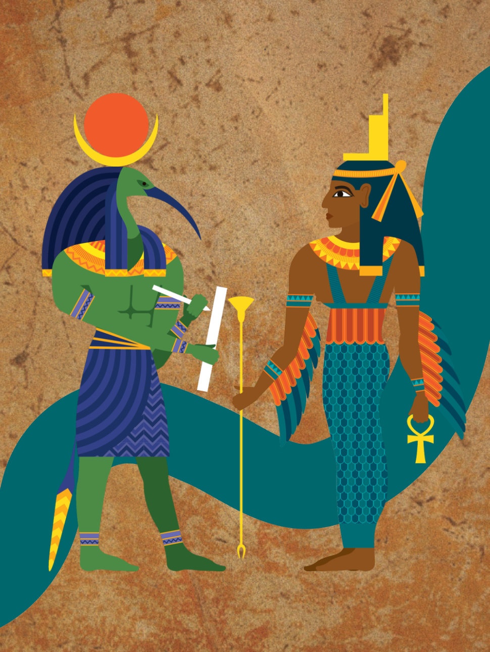 An illustration of two Egypt Gods facing one another, with a green line running through behind the image with a orange texture tone background.