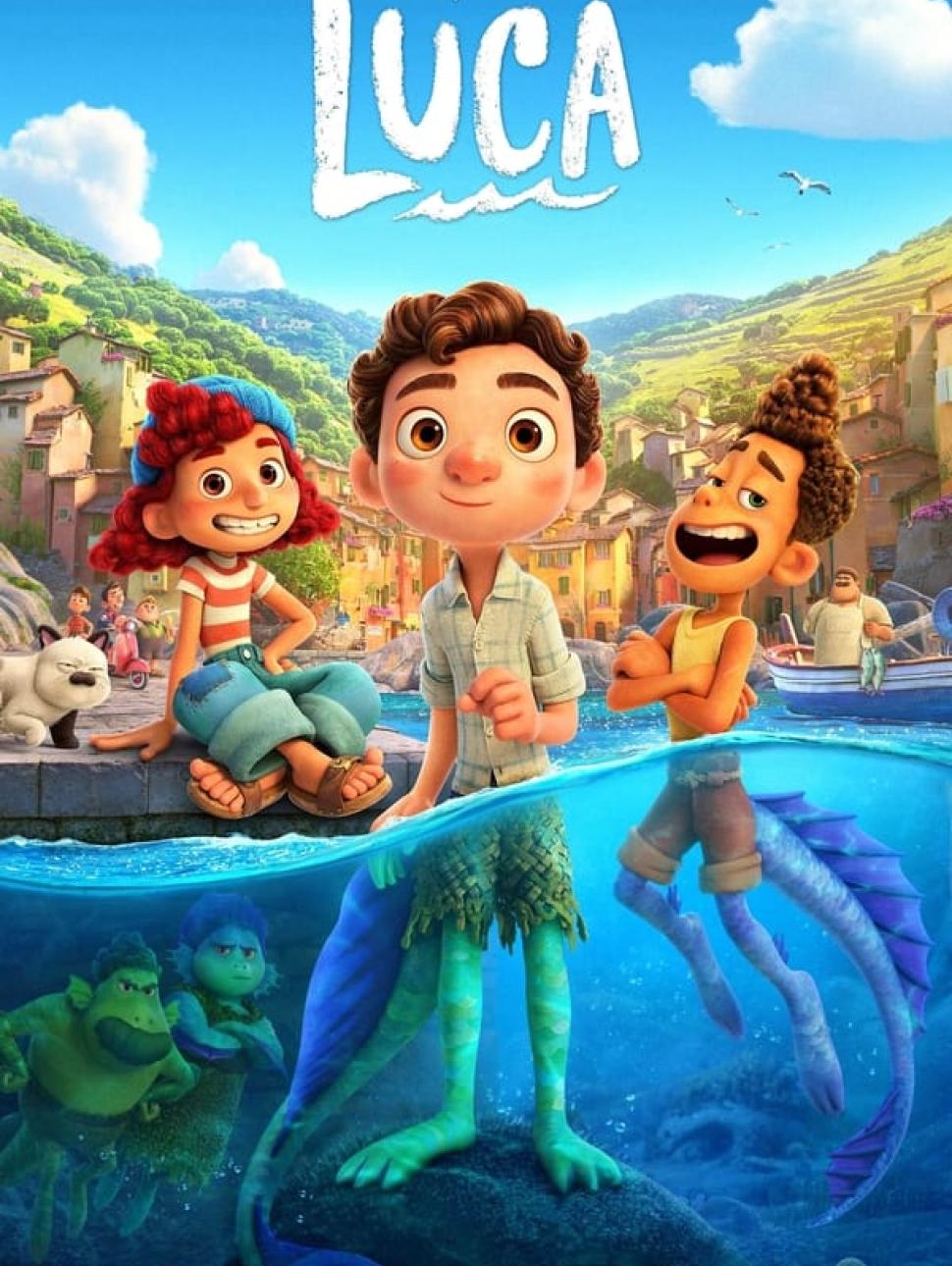 Animated movie poster of a young boy in water. bottom half in water is a fish tail. The boy has two other children either side. One is also part in water with a fish tail