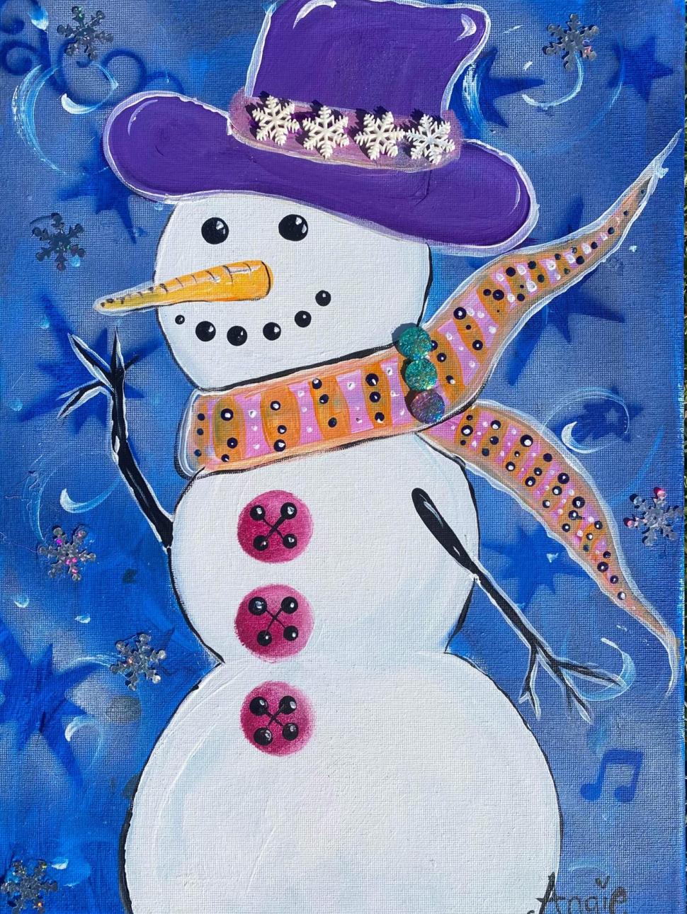 a brightly coloured painting of a snowman with purple hat, orange scarf and red buttons with blue swirly background