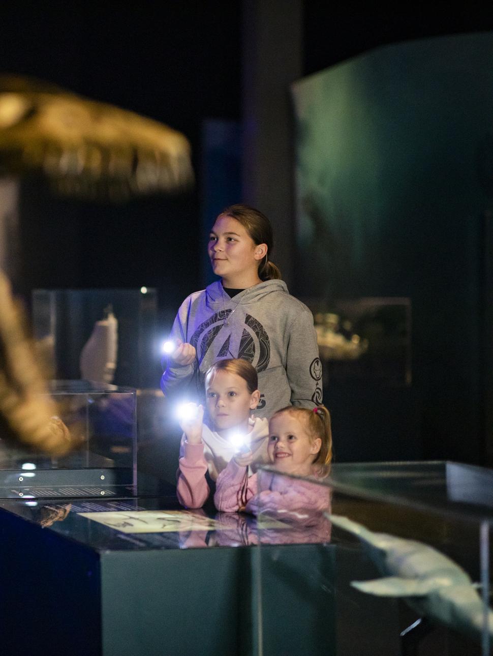 three young children hold torches to a skeleton of a prehistoric animal