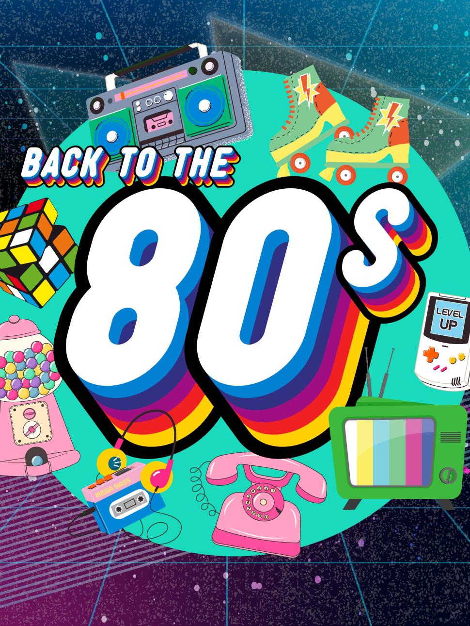 A graphic image for Back To The Eighties Game Show featuring iconic items such as Rubik's cube, gumball machine, classic rollerskates and more.