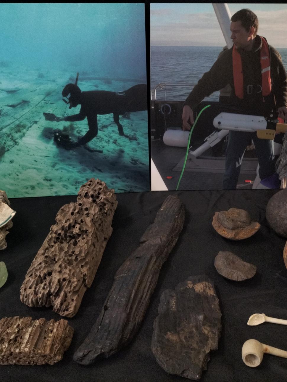 An image showing an assortment of shipwreck artefacts and images of researchers undertaking research diving activity.