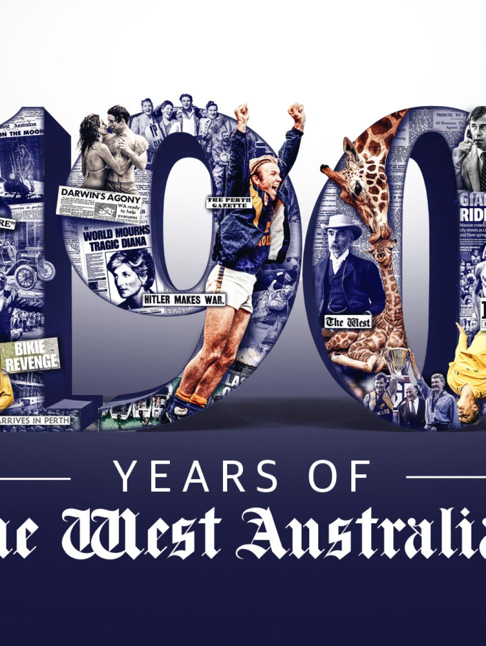 A dark blue to white gradient with the words 190 Years of the West Australian written over it. Within the bold lettering of the 190 lettering are historically significant figures and iconography to represent the newspaper's influence